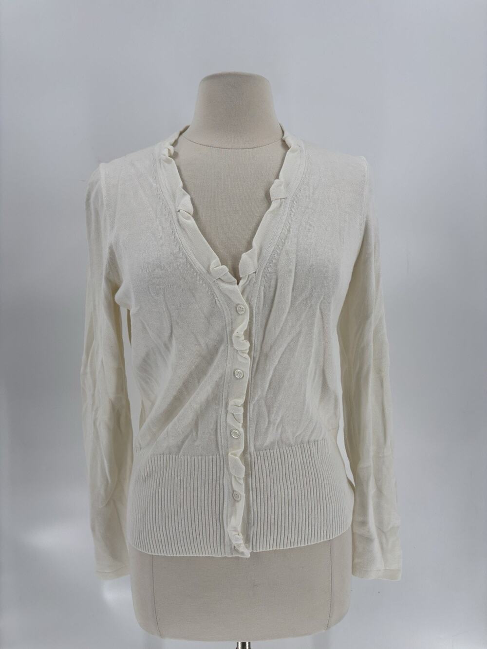 Tahari Cardigan Sweater Womens Medium White Buttons Ruffles V Neck 100% Cotton